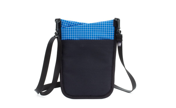 The rear of the P.I.K.A. Pouch in Island (blue with white gridding) 200 Halcyon.